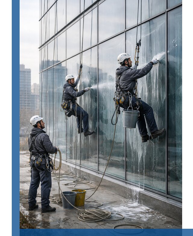 Промышленная мойка панорамных окон на высоте в Чернушке