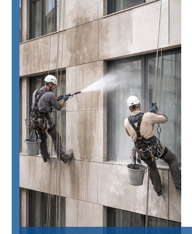 Послестроительная мойка фасада промышленным альпинизмом в Чернушке