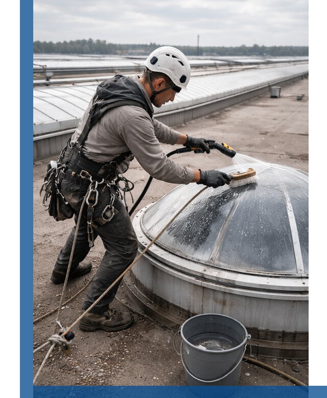 Мойка зенитных фонарей на кровле для промышленных объектов в Чернушке