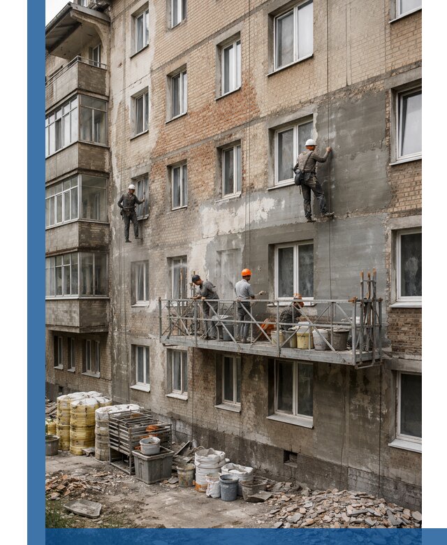 Капитальный ремонт фасада в Чернушке с восстановлением и гидроизоляцией