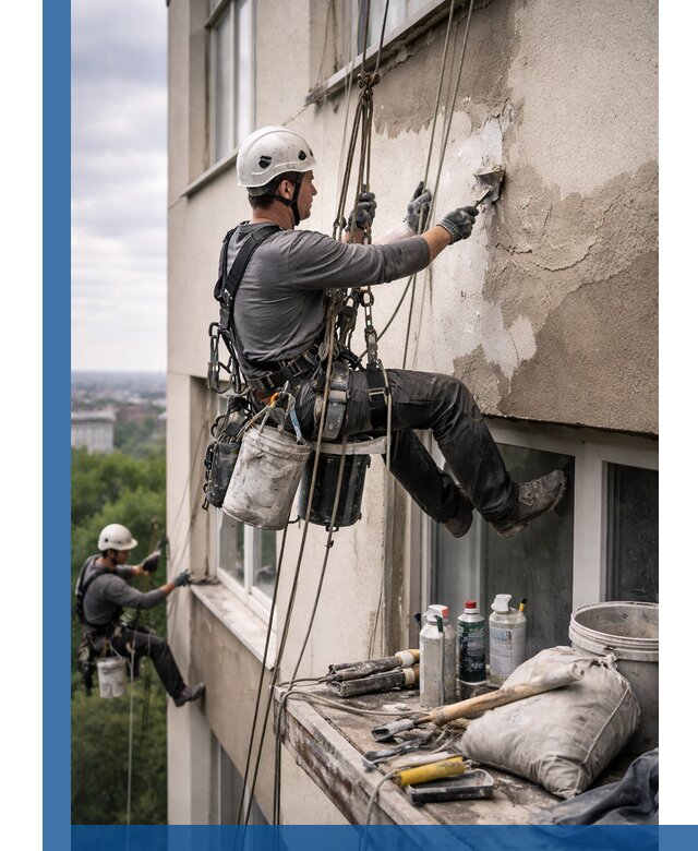 Косметический ремонт фасада зданий в Чернушке промышленными альпинистами