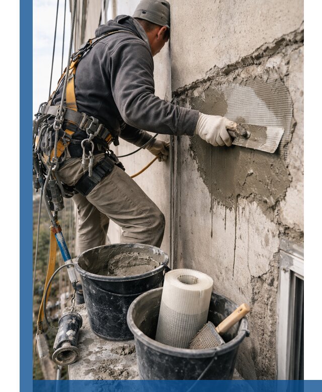 Ремонт бетонных элементов фасада промышленными альпинистами в Чернушке