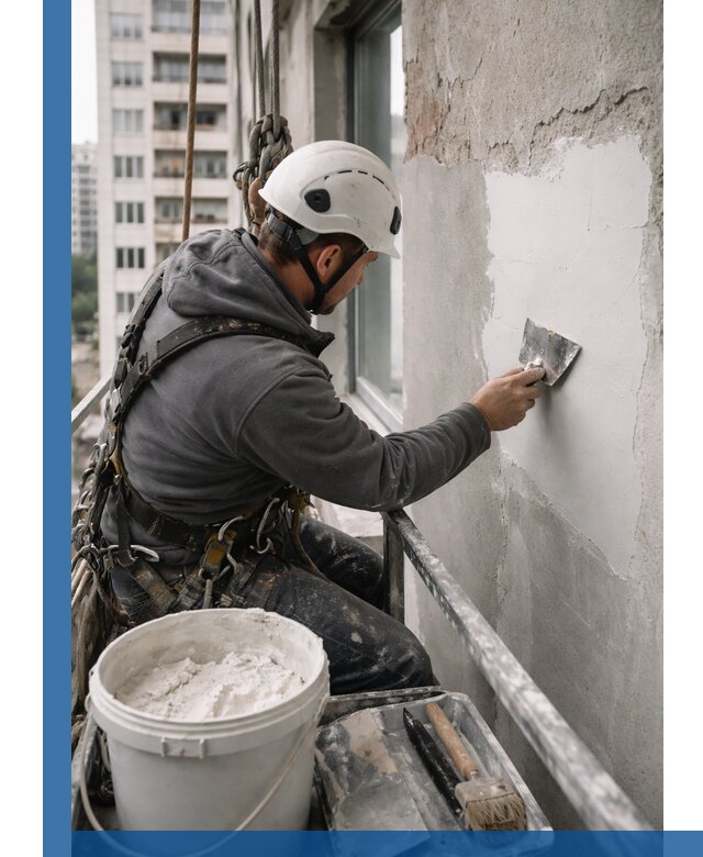 Шпаклевка фасадов на высоте с промальпинистами в Чернушке