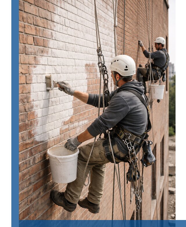 Покраска кирпичного фасада с доступным альпинистским сервисом в Чернушке