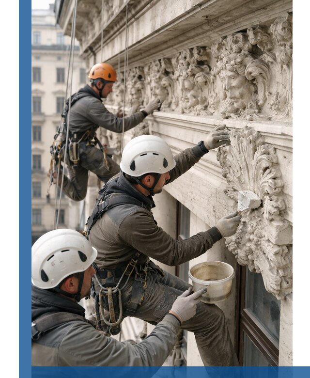 Реставрация фасадной лепнины с высотными работами в Чернушке