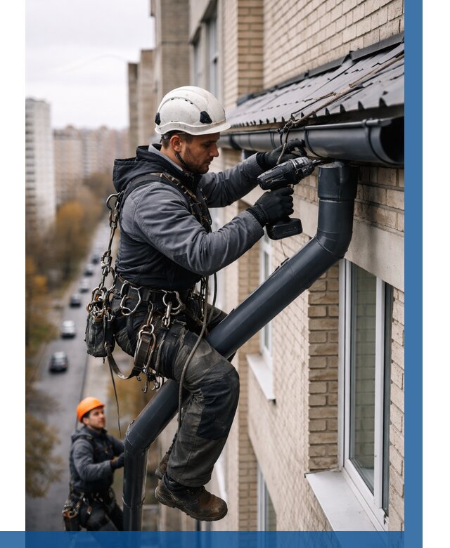 Монтаж водосточной системы на здании в Чернушке от 5078 р. | ВЫСОТНИК-Чрш