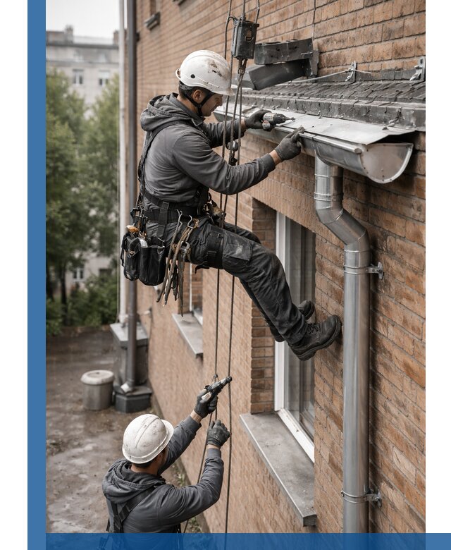 Монтаж водосточной системы на здании в Чернушке под ключ