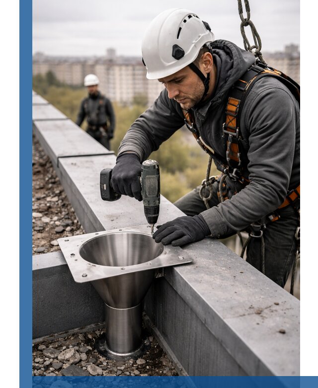 Монтаж водосточных воронок в Чернушке для промышленных зданий