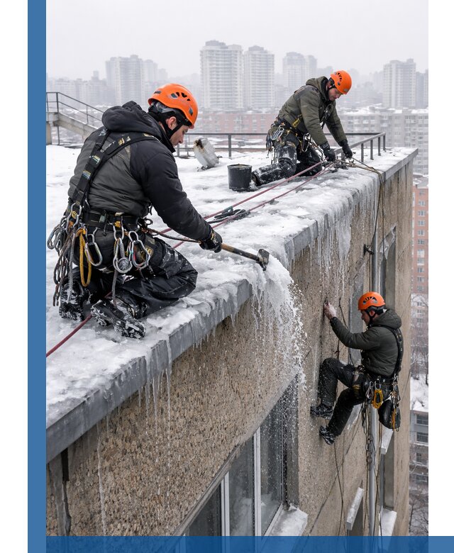 Удаление наледи с кровли в Чернушке промышленными альпинистами