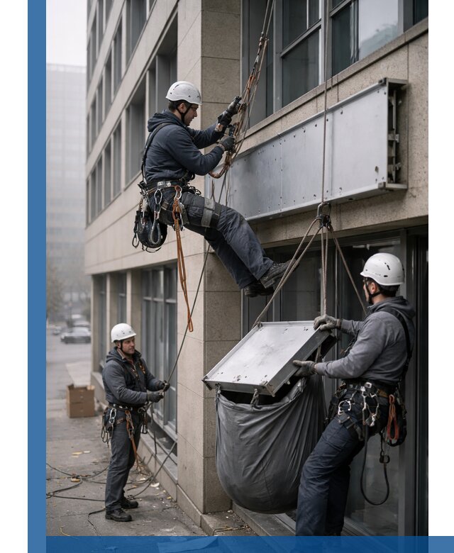 Демонтаж рекламной вывески с высотными работами в Чернушке