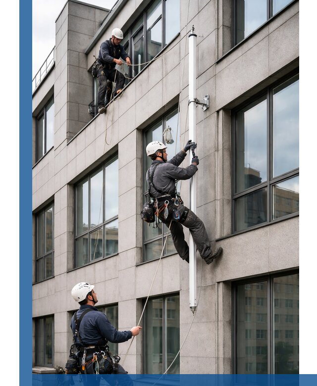 Монтаж флагштока на фасаде здания с креплением и герметикой в Чернушке