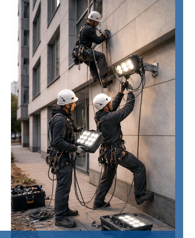 Монтаж прожекторов на фасаде в Чернушке от 7617 р. | ВЫСОТНИК-Чрш