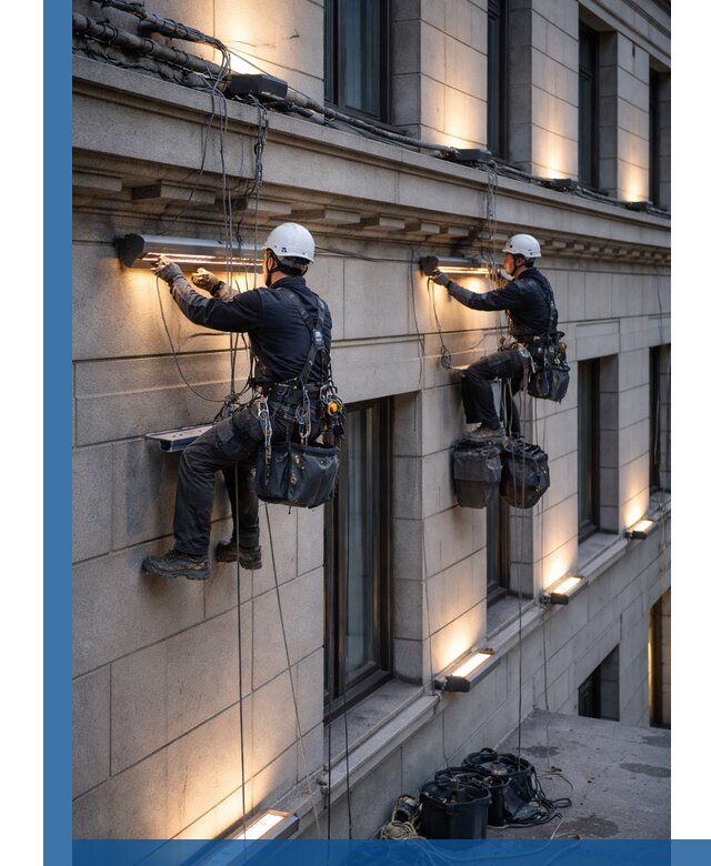 Монтаж архитектурной подсветки фасадов зданий в Чернушке