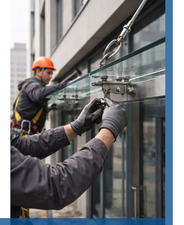 Монтаж стеклянных козырьков в Чернушке от 8633 р. | ВЫСОТНИК-Чрш