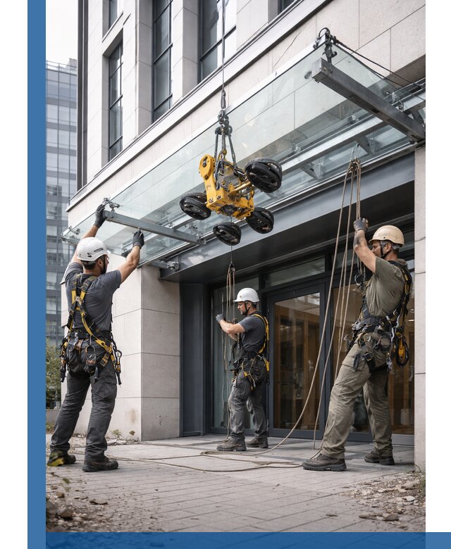 Монтаж стеклянных козырьков под ключ в Чернушке для зданий