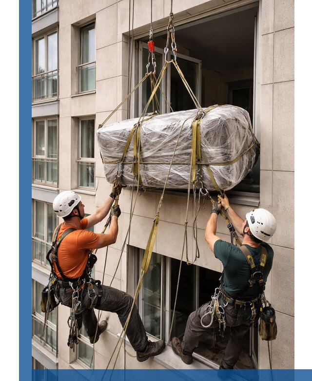 Подъем грузов через окно в Чернушке промышленными альпинистами