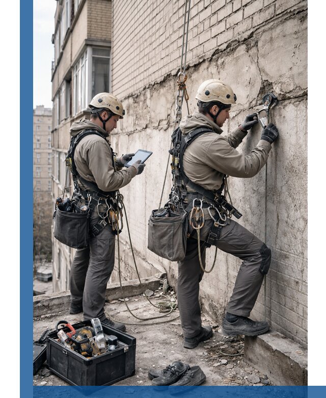 Обследование фасада промышленными альпинистами в Чернушке